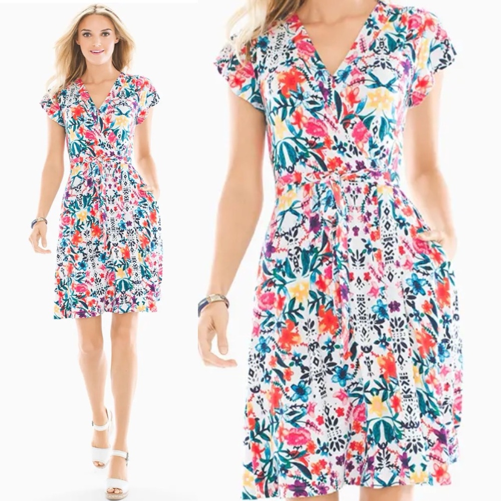 SOMA Soft Jersey Flutter Sleeve Faux Wrap Floral Dress size Medium